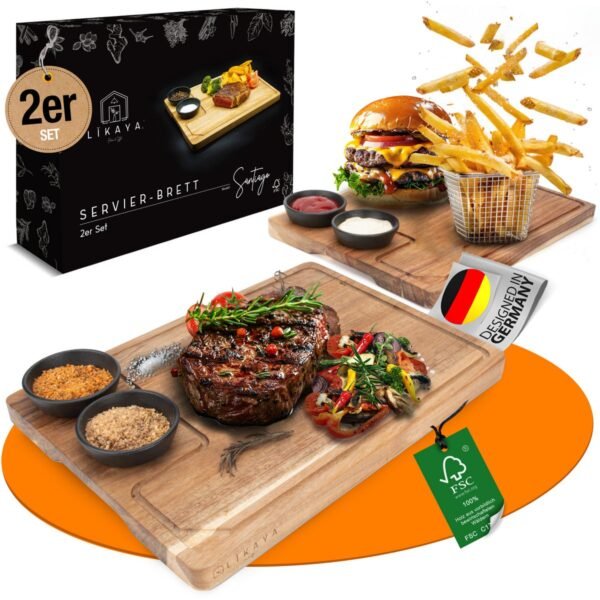 Serving board XXL 'Santiago' 2 Set made of FSC® certified acacia wood with sauces bowls