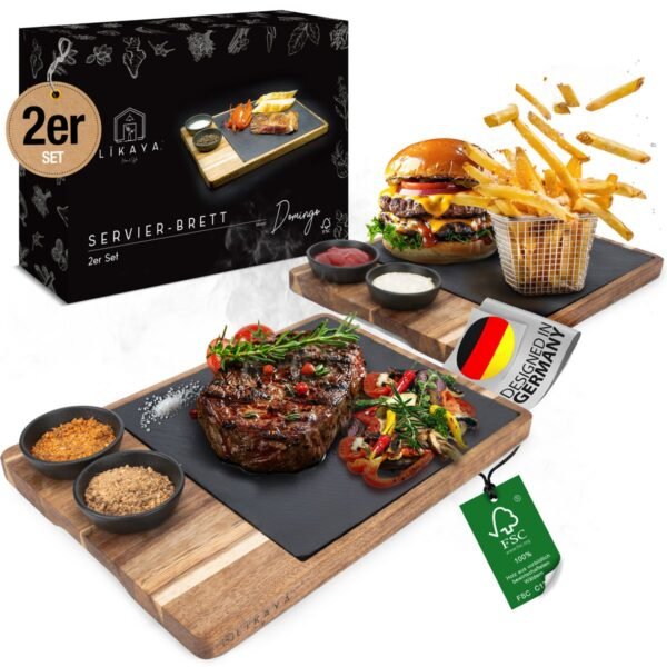 Serving board XXL 'DOMINGO' 2 SET made of FSC® acacia wood with slate plates & sauces bowls