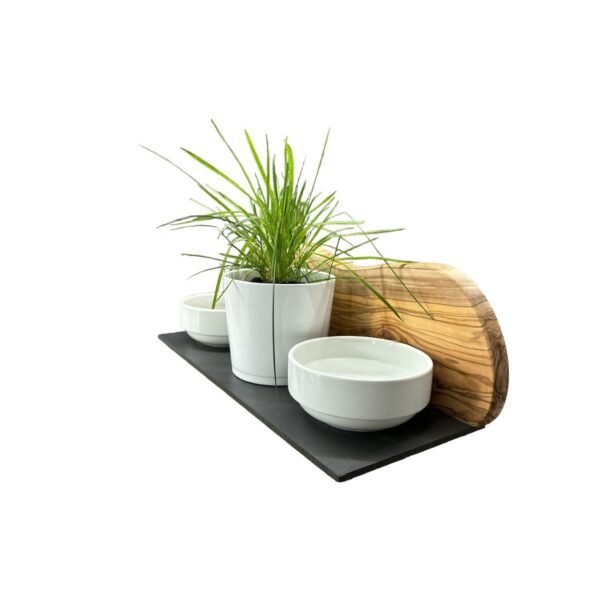 MOUNTAIN feeding station 2x 0.4 liter porcelain bowls plus pot for cat grass olive wood