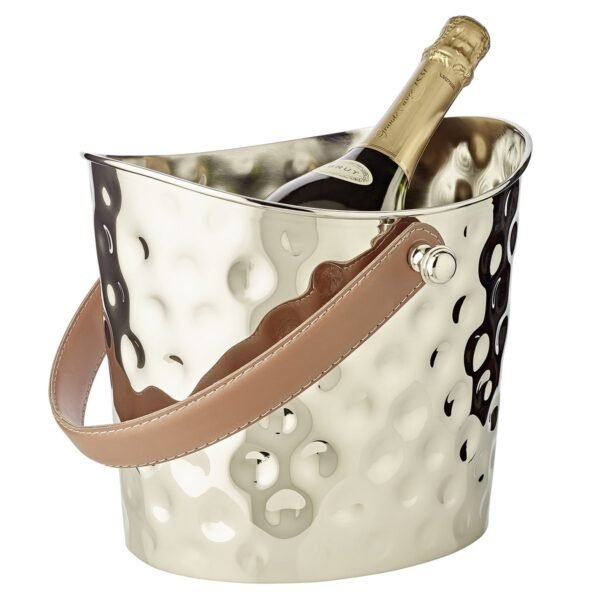EDZARD hammered ice bucket wine cooler Gilbert, with brown leather handle, stainless steel, shiny nickel-plated, H 23 cm