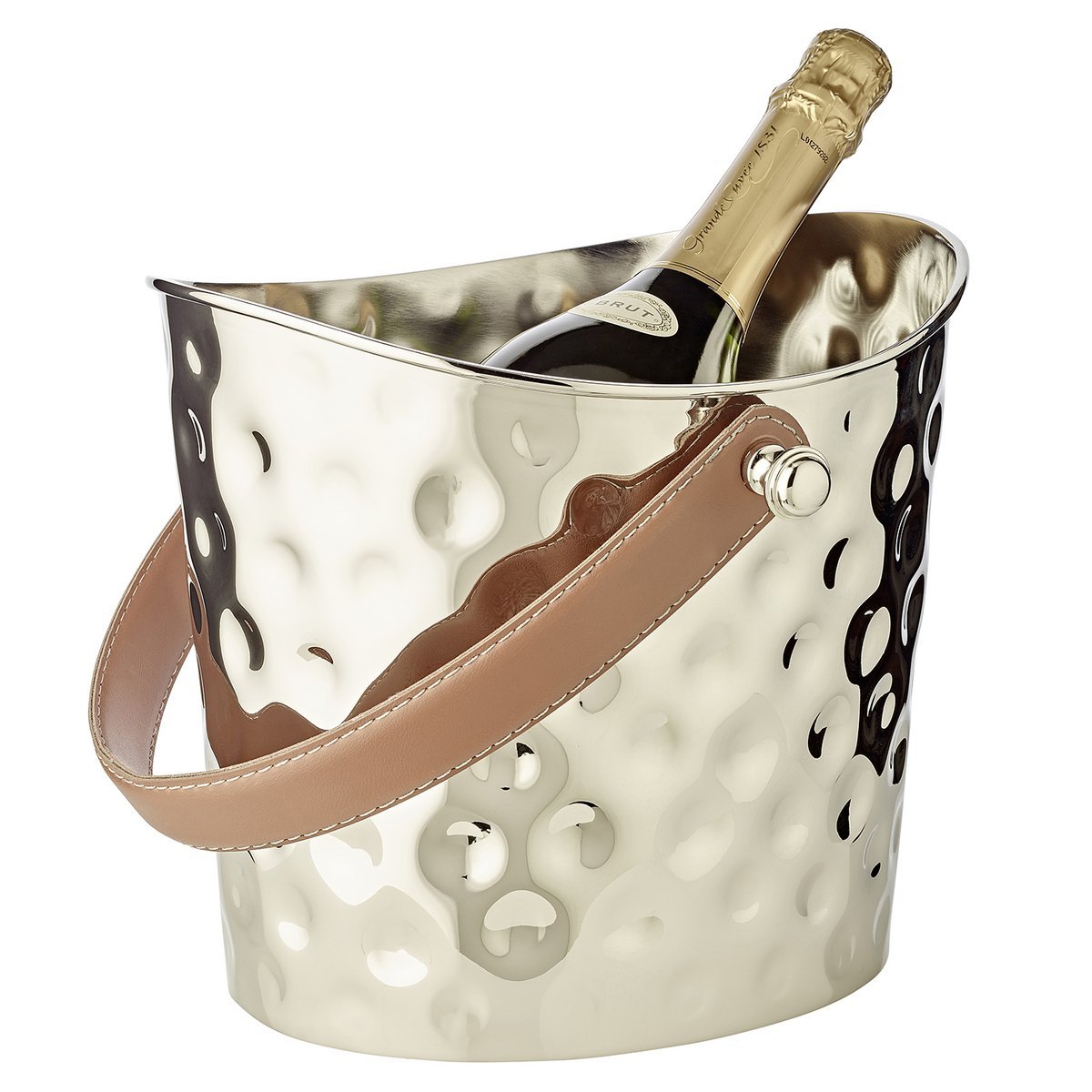 EDZARD hammered ice bucket wine cooler Gilbert, with brown leather handle, stainless steel, shiny nickel-plated, H 23 cm