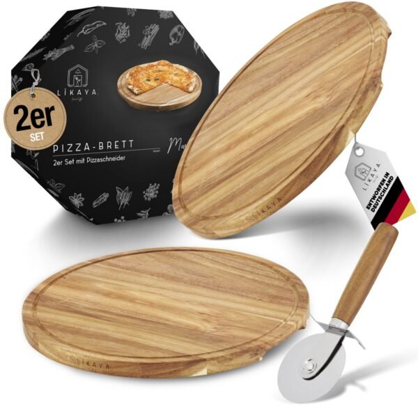Pizza board/pizza plate 'Mario' 2 Set round with pizza cutter [⌀35cm tall] made of FSC®-certified acacia wood