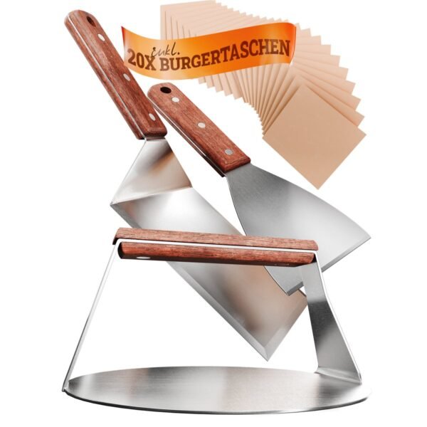 Burger Smasher & grill spatula set [4-pc.] Stainless steel with acacia wood handle for Plancha, grill plate, gas grille & fire plate