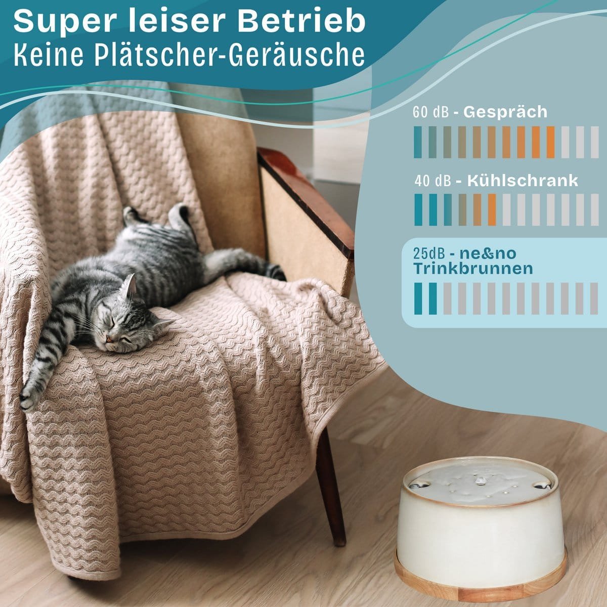 ne & no® ceramic drinking fountain for cats i bamboo base i induction - Slika 7