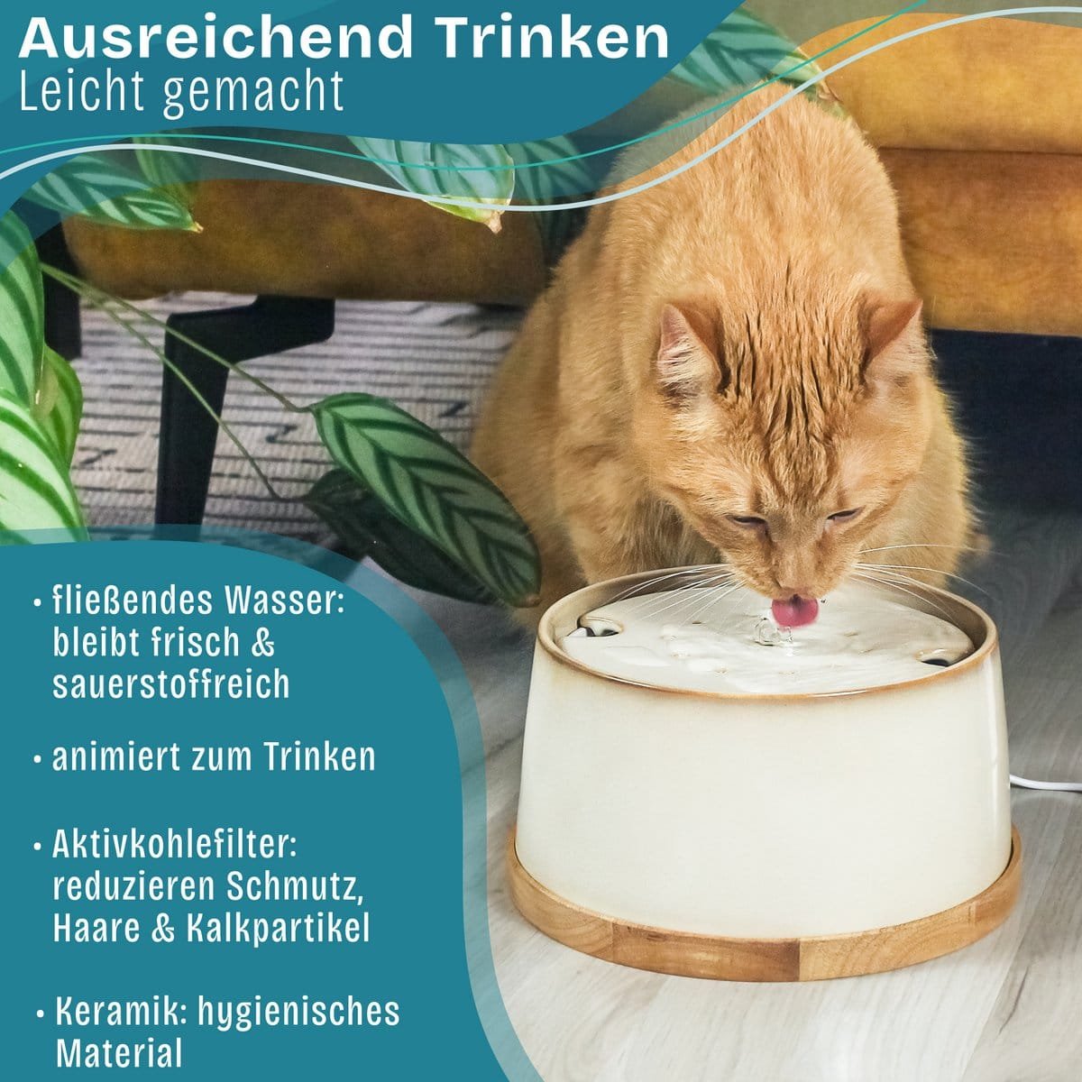 ne & no® ceramic drinking fountain for cats i bamboo base i induction - Slika 3